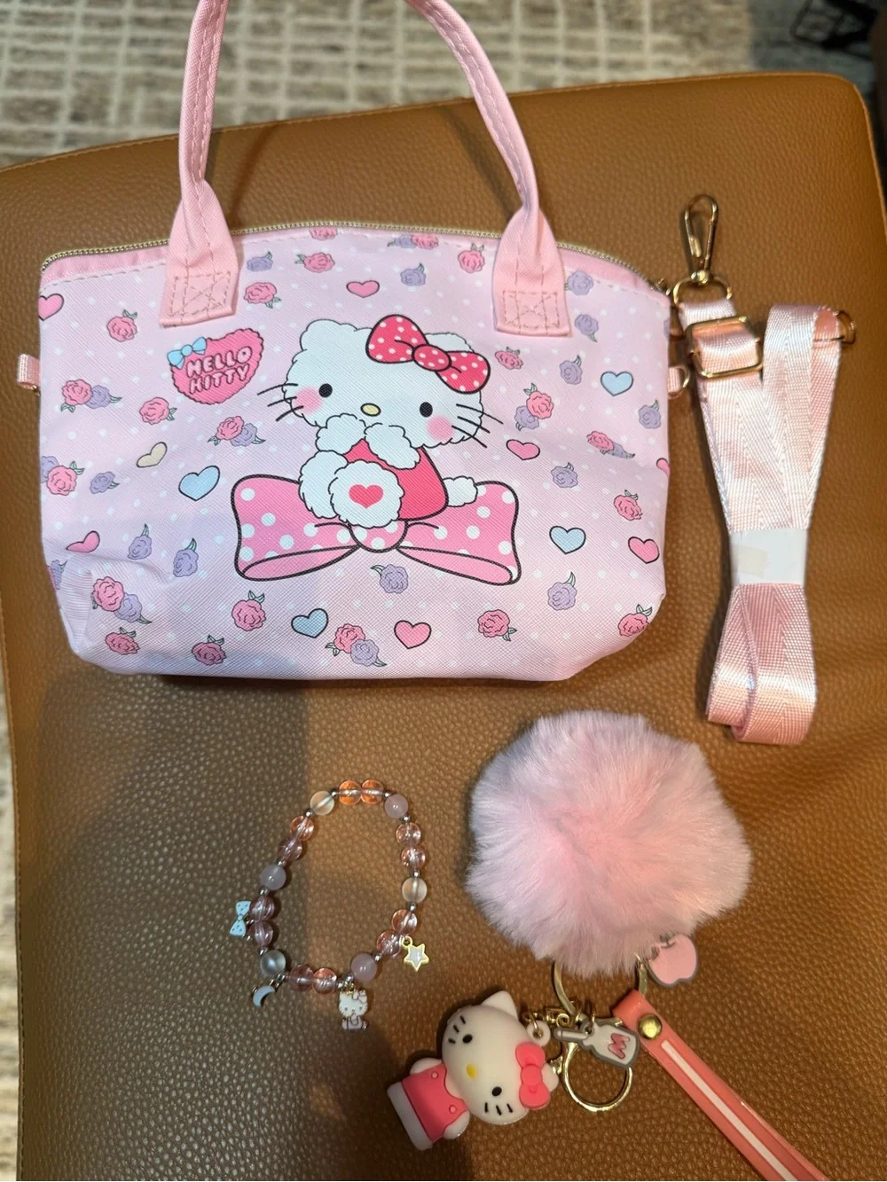 Hello Kitty Pink Crossbody Bag with Pom Pom Keychain Set and bracelet new